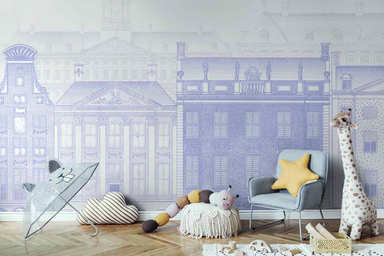 Blue Vintage European Buildings Wall Mural-Wall Mural-Eazywallz