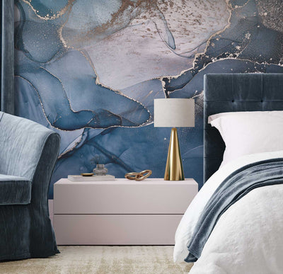 Blue White Gold Ink Abstract-Wall Mural-Eazywallz