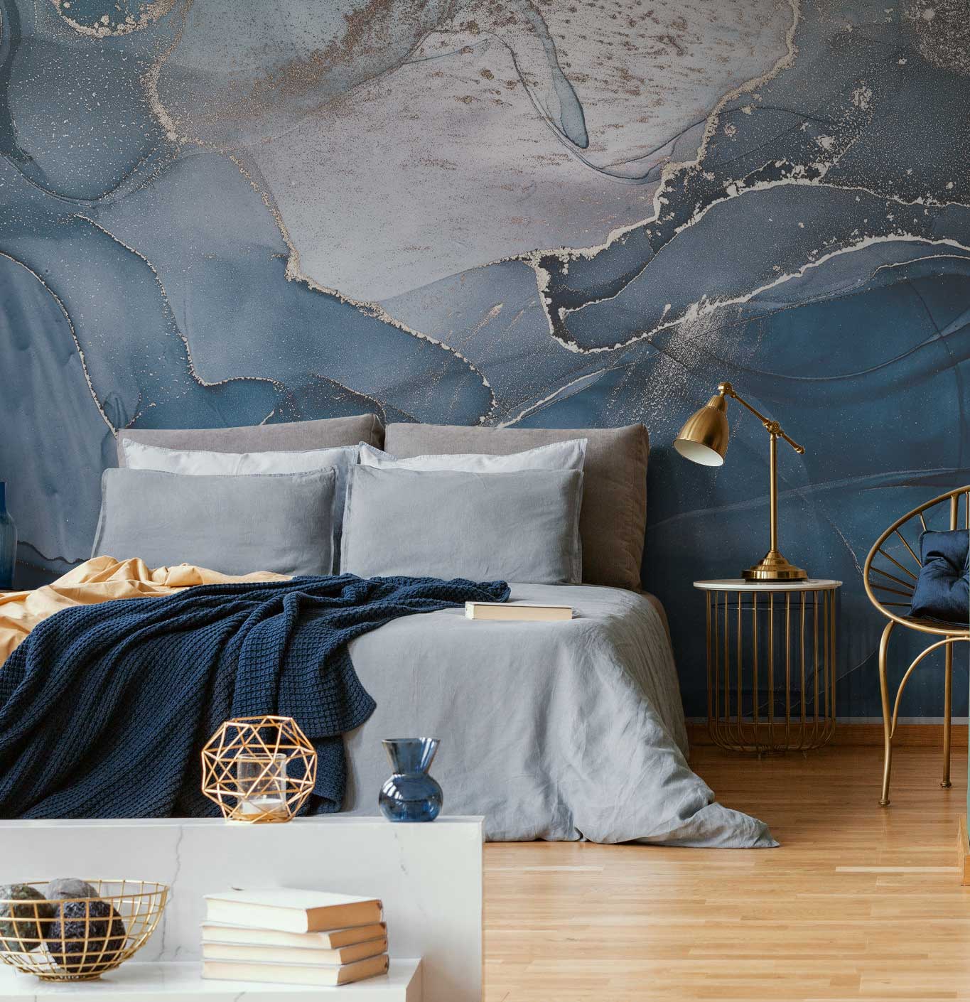Abstract Blue Gold Ink Wave Wall Mural, Abstract Murals