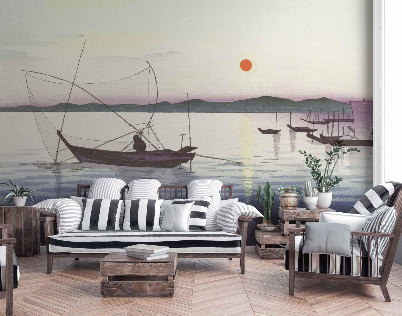 Boats and Setting Sun Wallpaper Mural-Wall Mural-Eazywallz