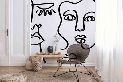 Bold Black Abstract Line Faces Wall Mural-Wall Mural-Eazywallz