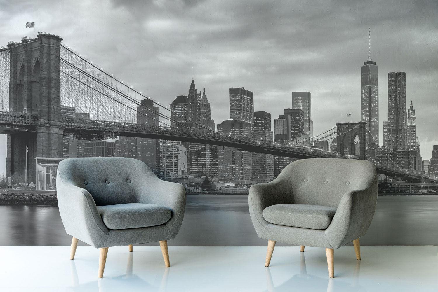 Brooklyn Bridge at night in black and white Wall Mural-Wall Mural-Eazywallz