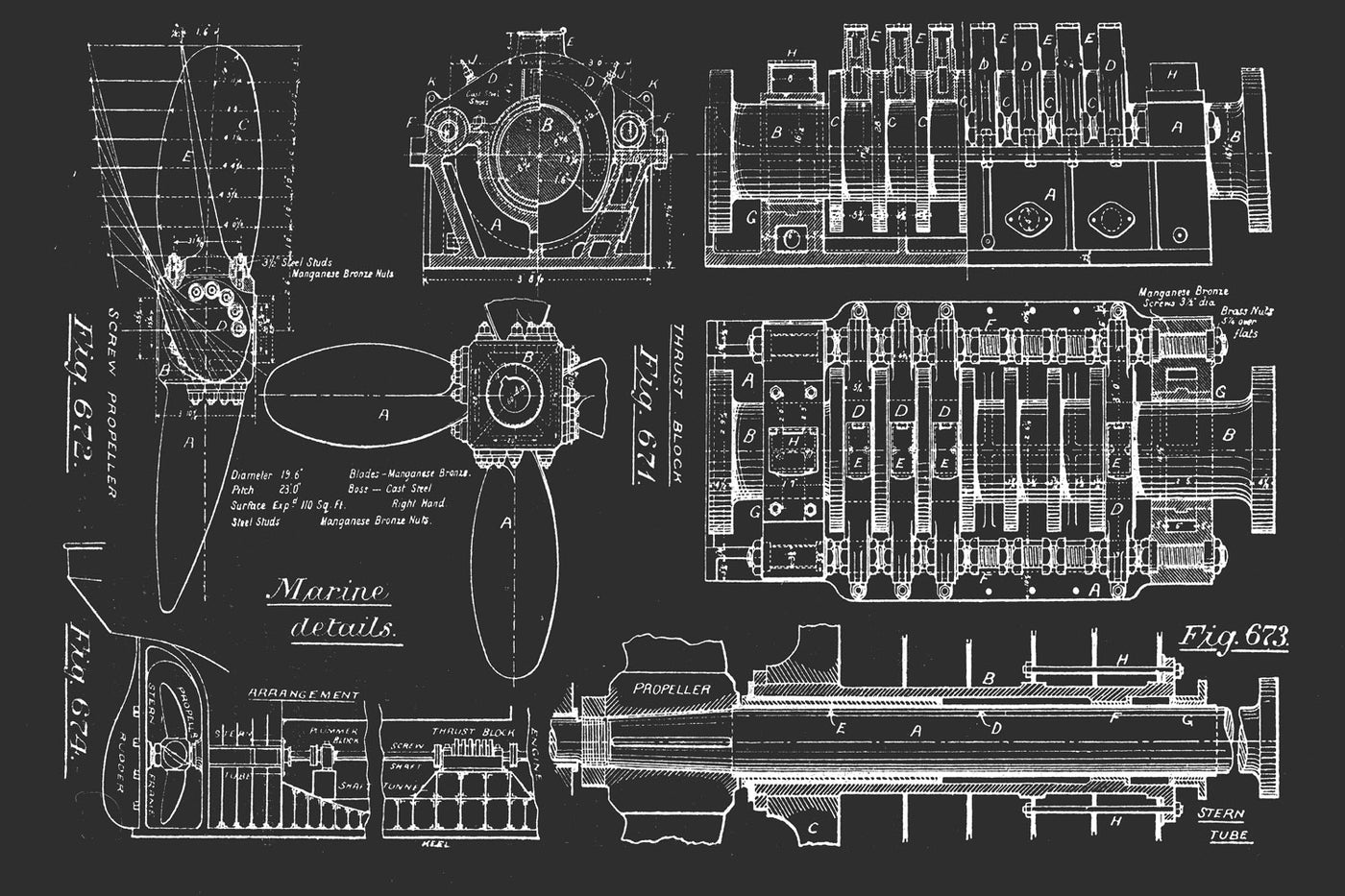 Charcoal Vintage Boat Engine Blueprint Wall Mural