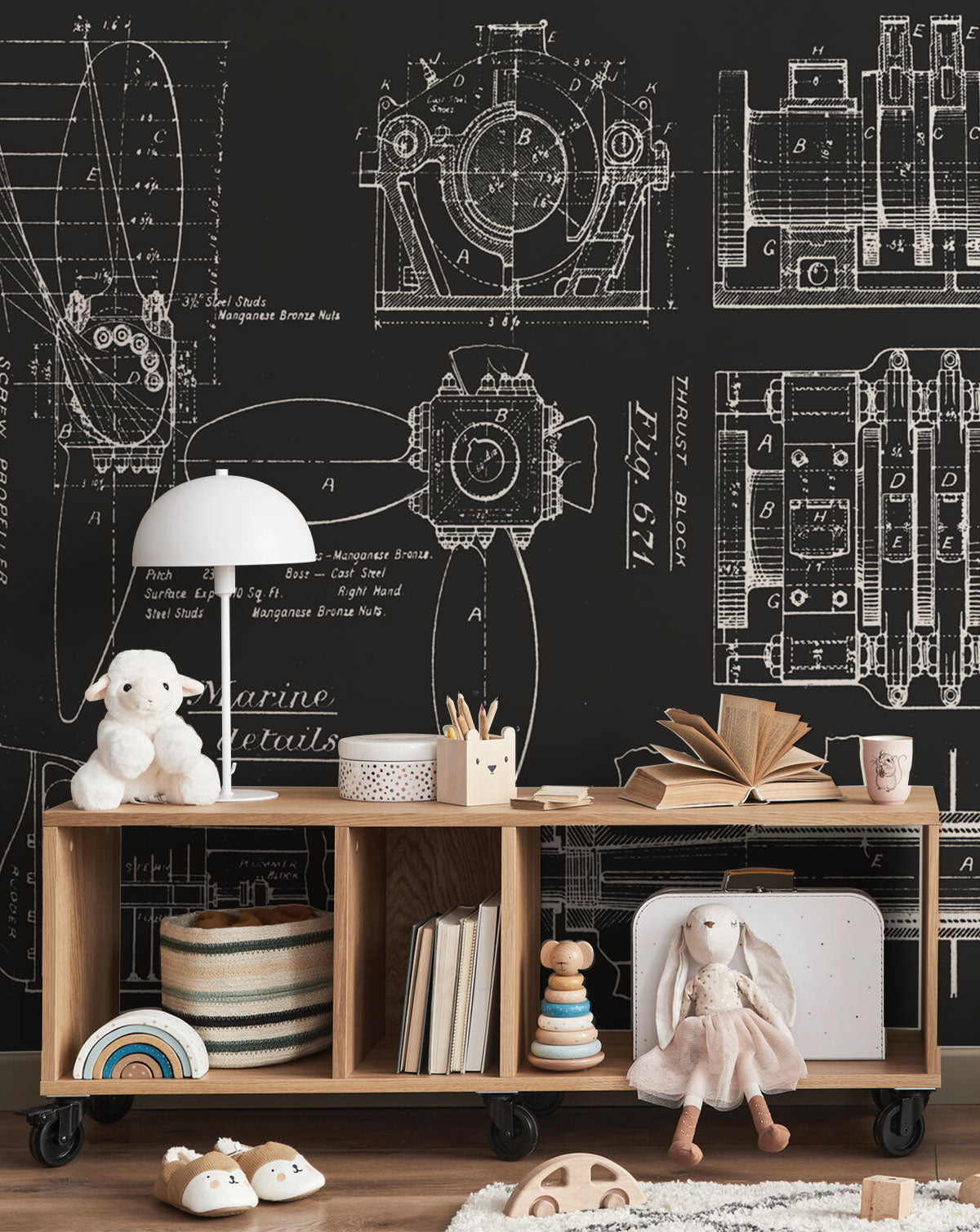 Charcoal Vintage Boat Engine Blueprint Wall Mural