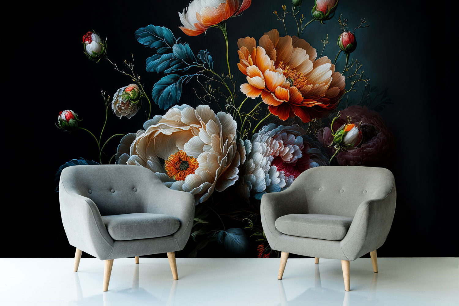 Dark Floral Illustration Wall Mural