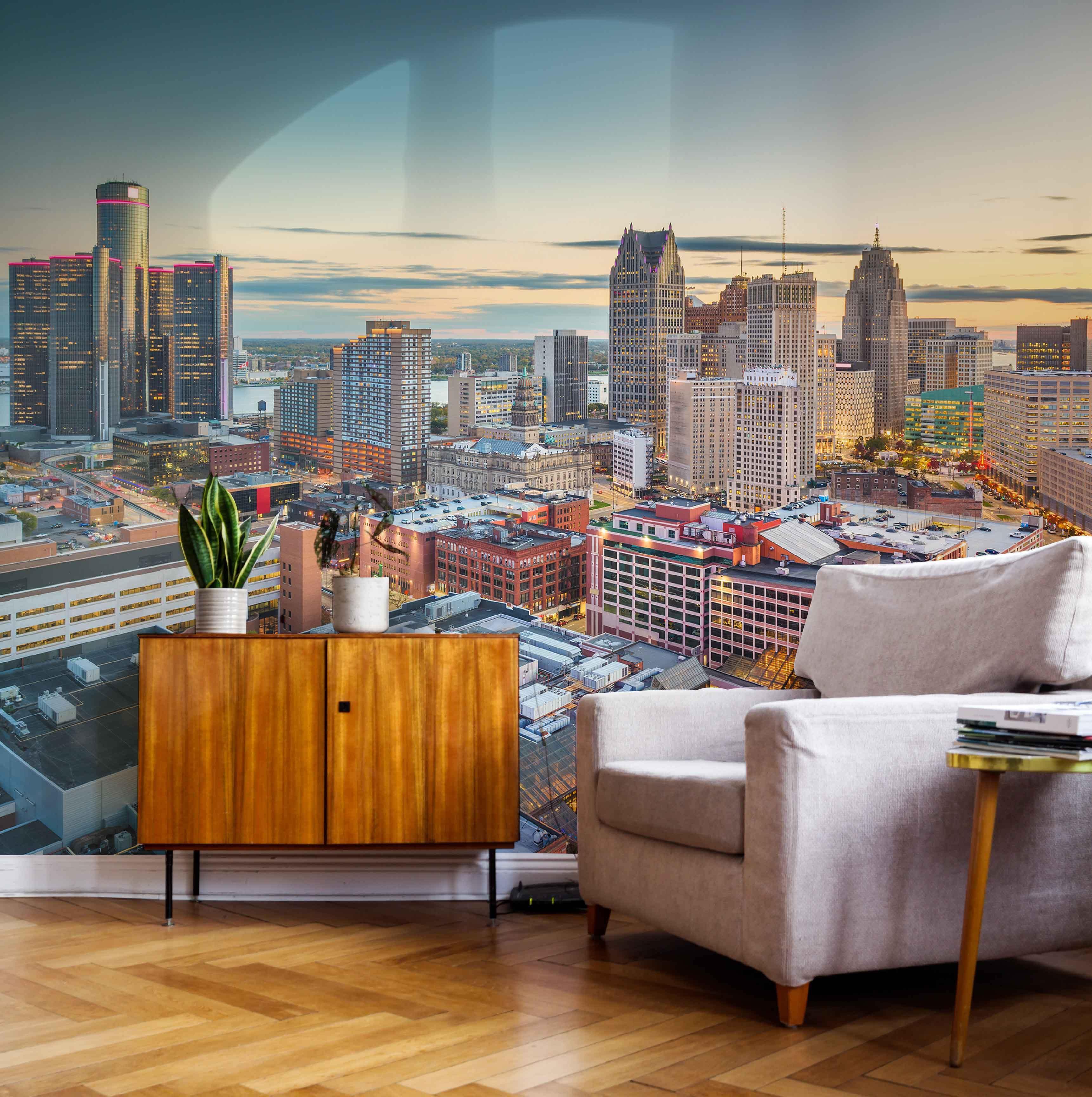 Detroit Cityscape Wallpaper Mural-Wall Mural-Eazywallz