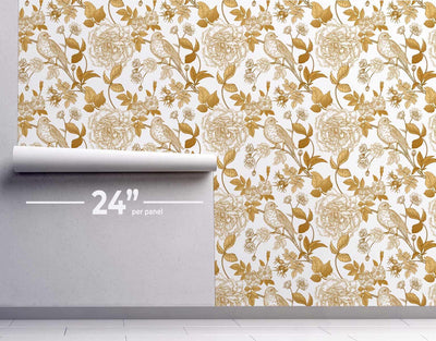 Golden Birds & Florals Wallpaper #335-Repeat Pattern Wallpaper-Eazywallz