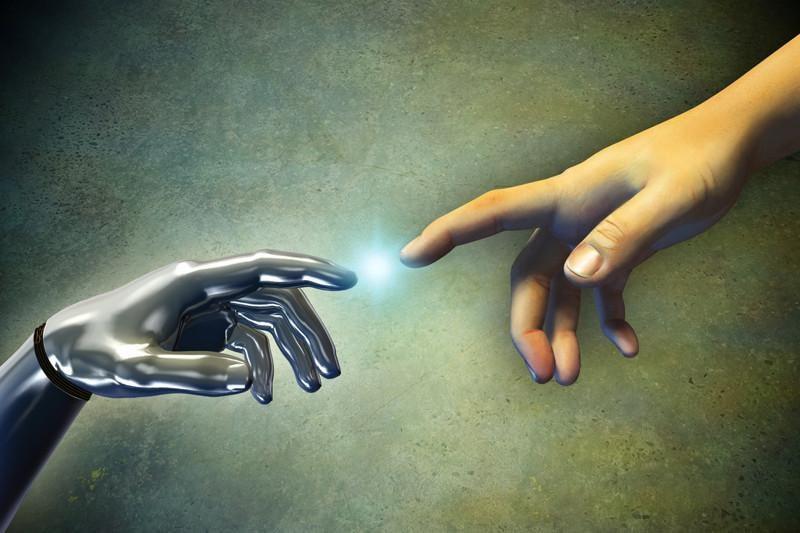 Human hand touching an android hand Wall Mural-Wall Mural-Eazywallz