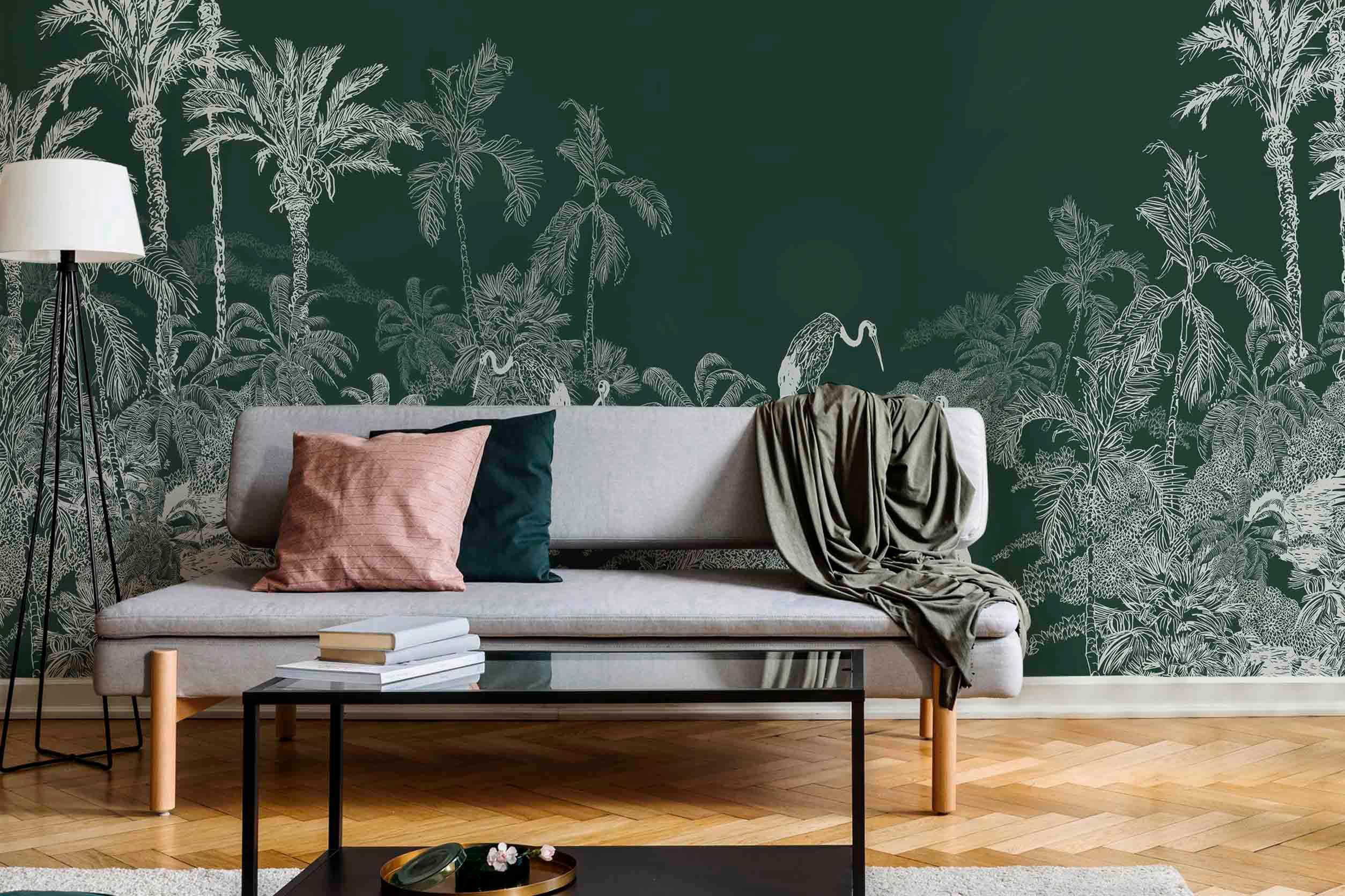Hunter Green Flamingo Toile Wall Mural-Wall Mural-Eazywallz