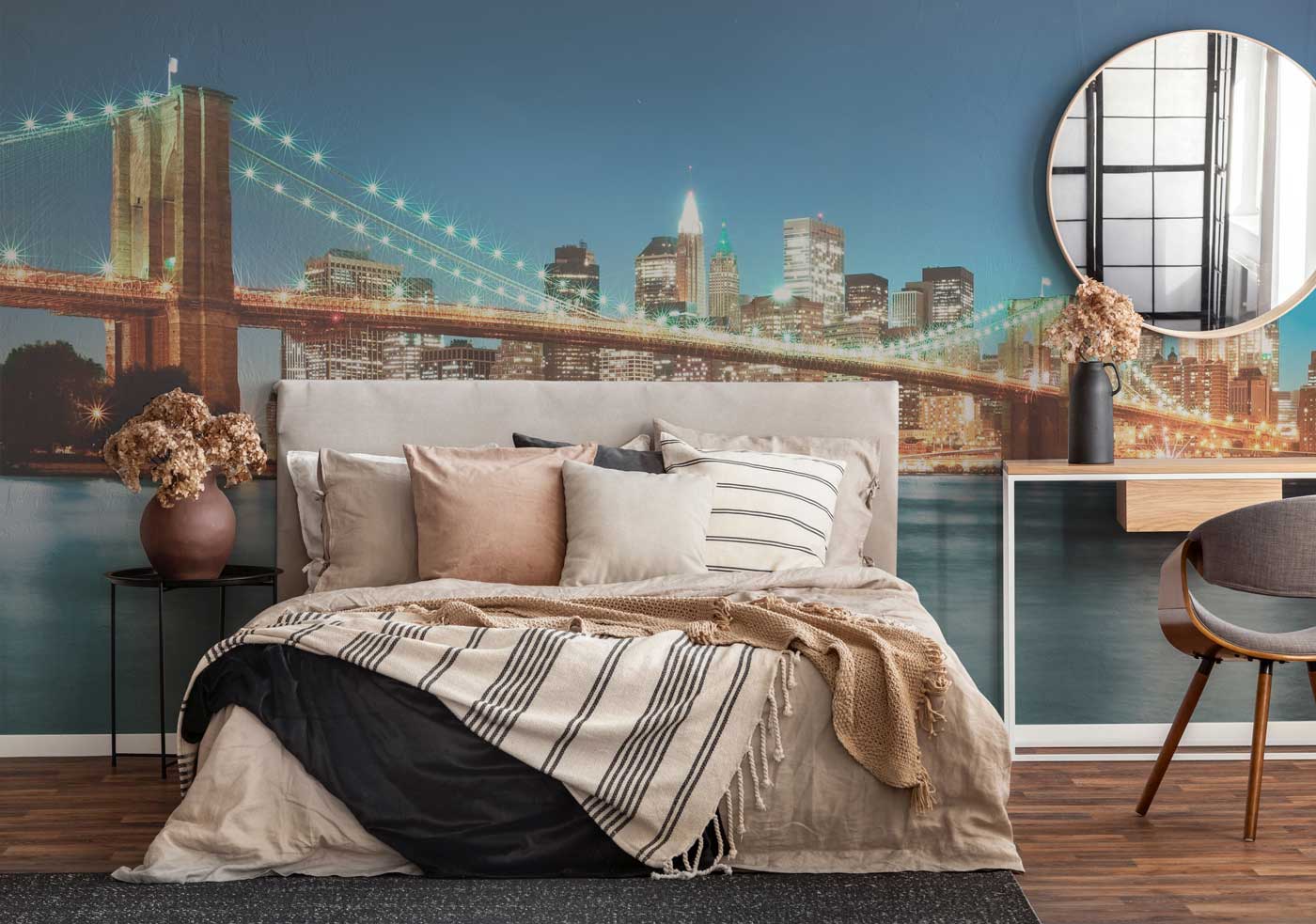 Illuminated Brooklyn Bridge at Night Wall Mural-Wall Mural-Eazywallz