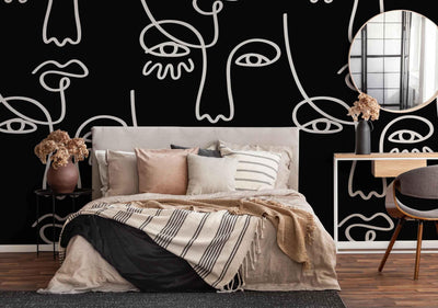 Large Black Abstract Line Faces Wall Mural-Wall Mural-Eazywallz