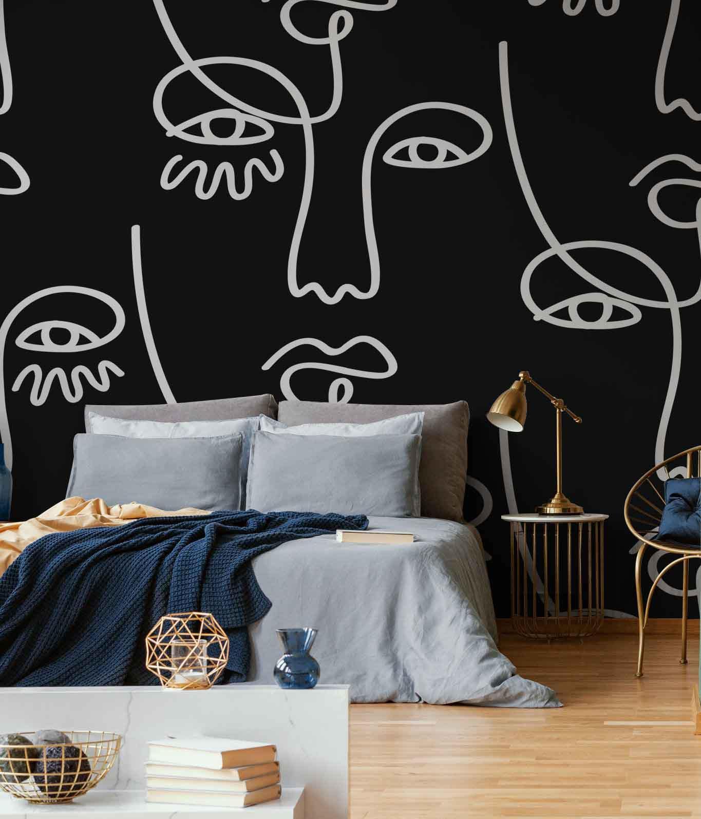 Large Black Abstract Line Faces Wall Mural-Wall Mural-Eazywallz