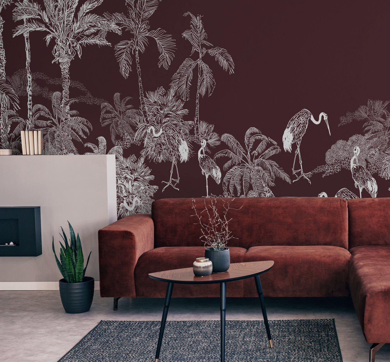 Mahogany Flamingo Toile Wall Mural-Wall Mural-Eazywallz