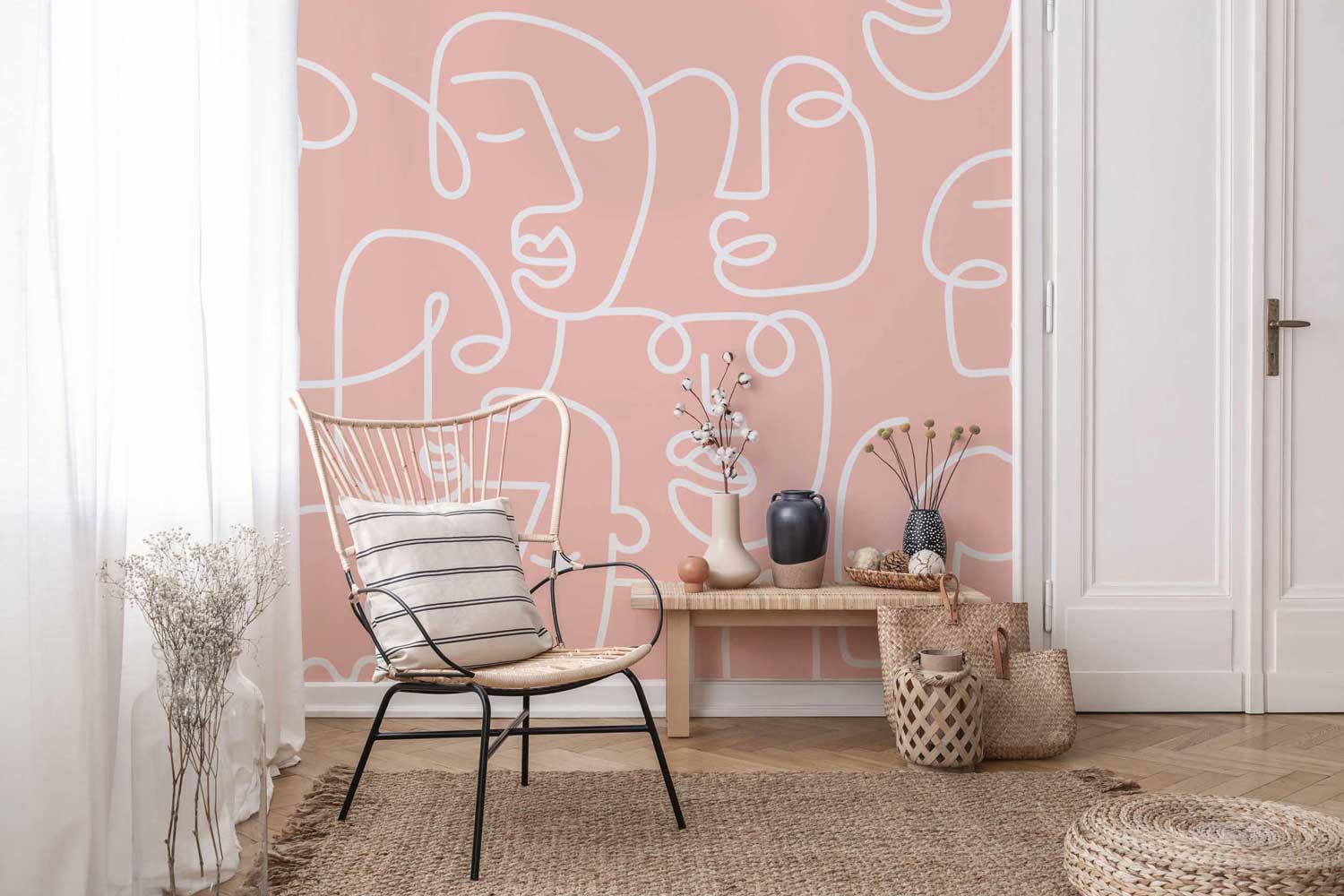 Pink Abstract Line Faces Wall Mural-Wall Mural-Eazywallz