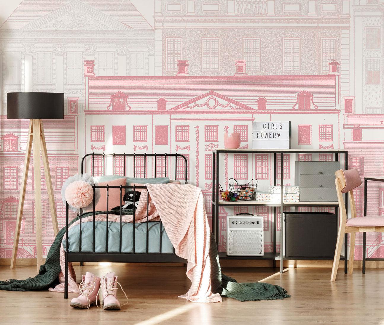 Pink Vintage European Buildings Wall Mural-Wall Mural-Eazywallz