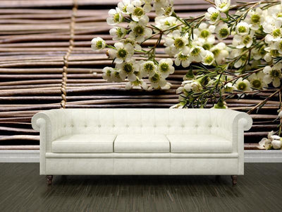 Plum flower on bamboo mat Wall Mural-Wall Mural-Eazywallz