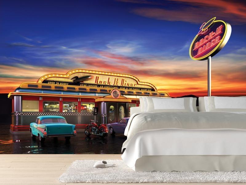 Retro american diner at dusk Wall Mural-Wall Mural-Eazywallz