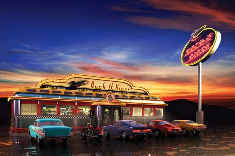 Retro american diner at dusk Wall Mural-Wall Mural-Eazywallz