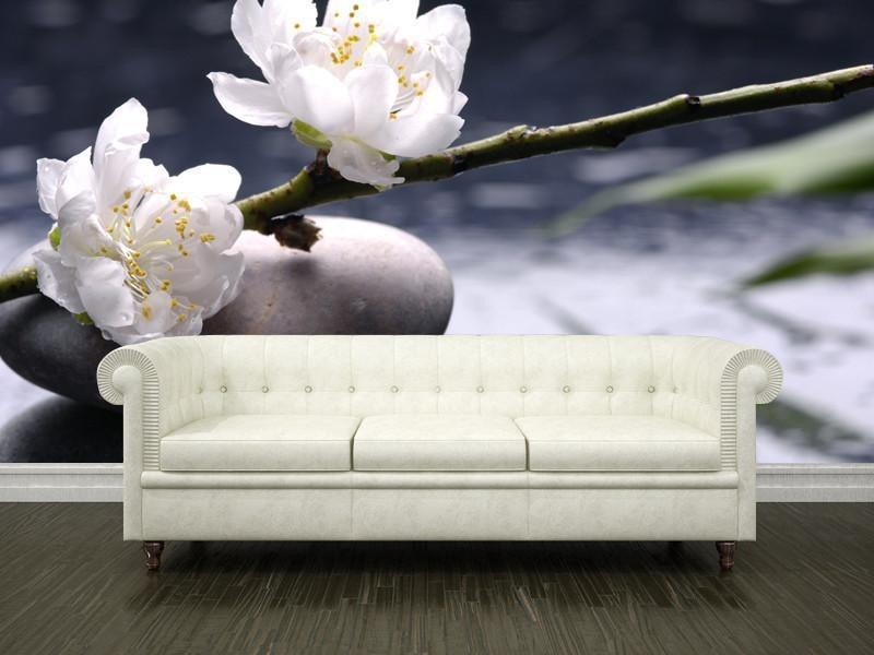 Stacked stones and white flower Wall Mural-Wall Mural-Eazywallz