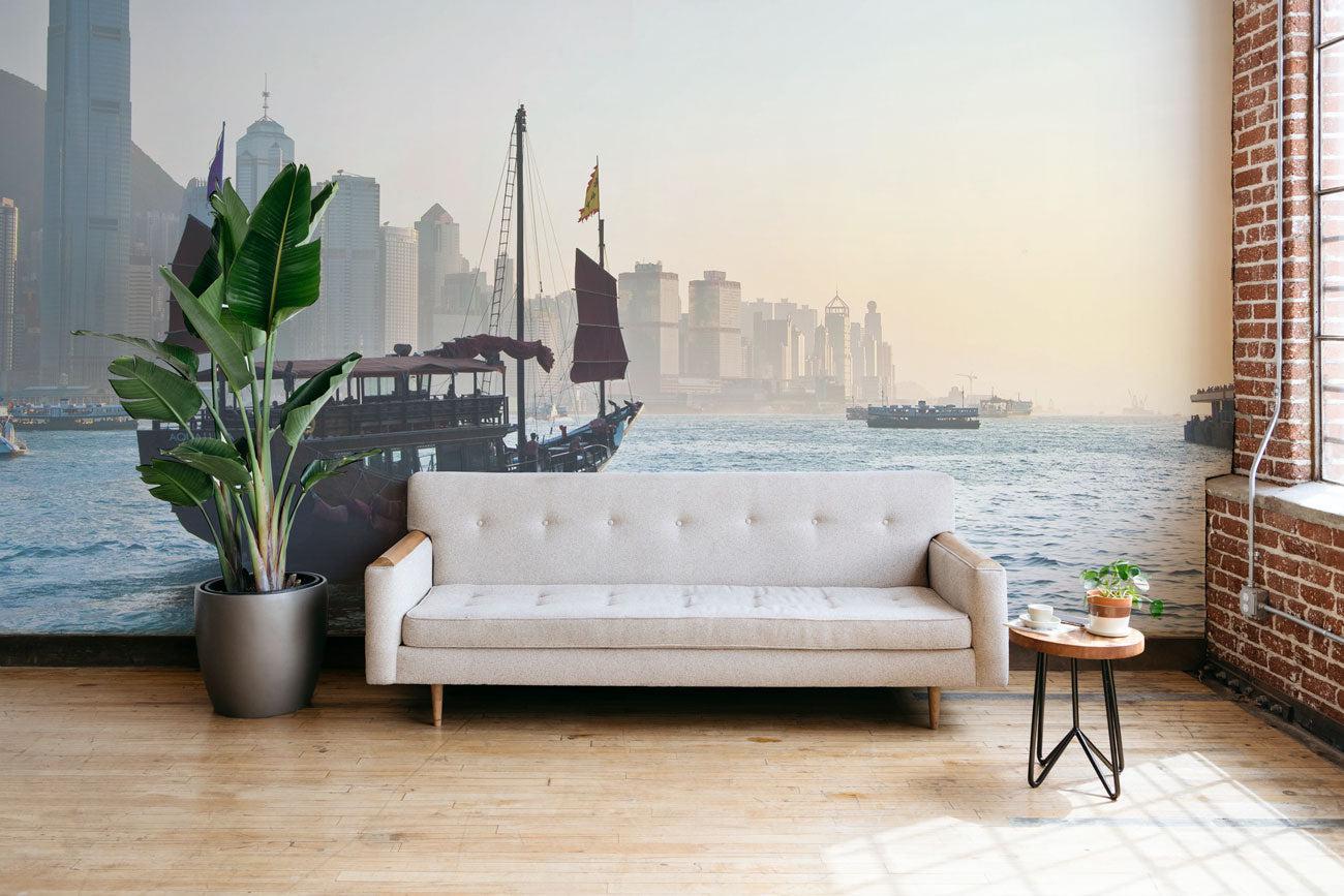 Traditional Chinese Boat against Hong Kong skyline Wall Mural-Wall Mural-Eazywallz