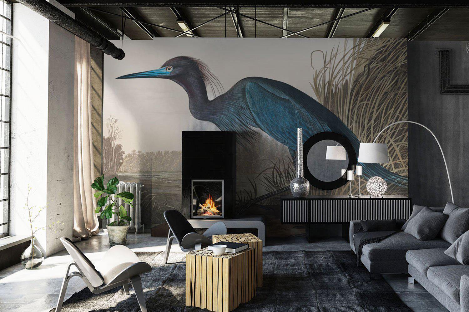 Vintage Blue Crane Wall Mural-Wall Mural-Eazywallz