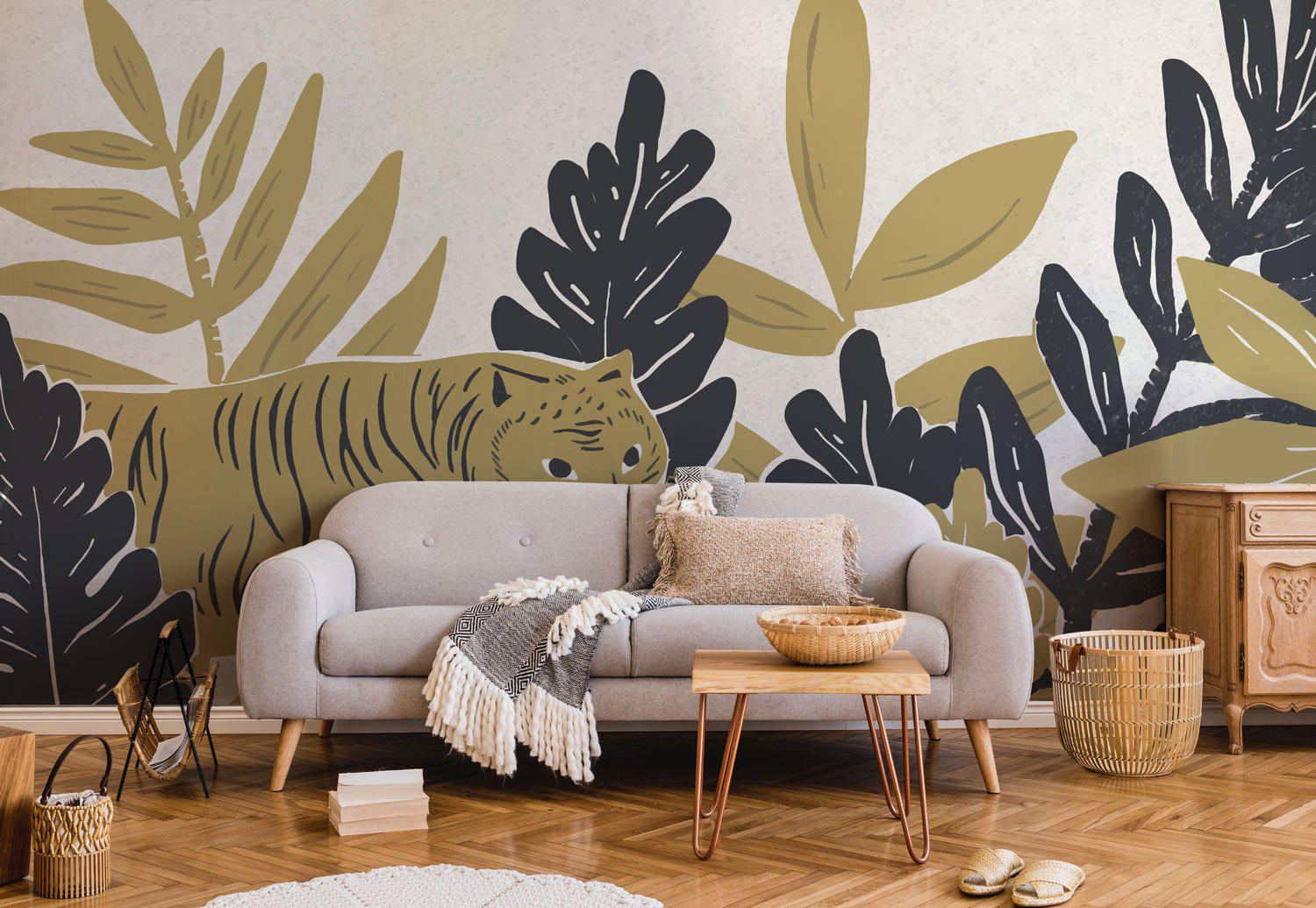 Vintage Jungle Tiger Cut Out Wall Mural-Wall Mural-Eazywallz