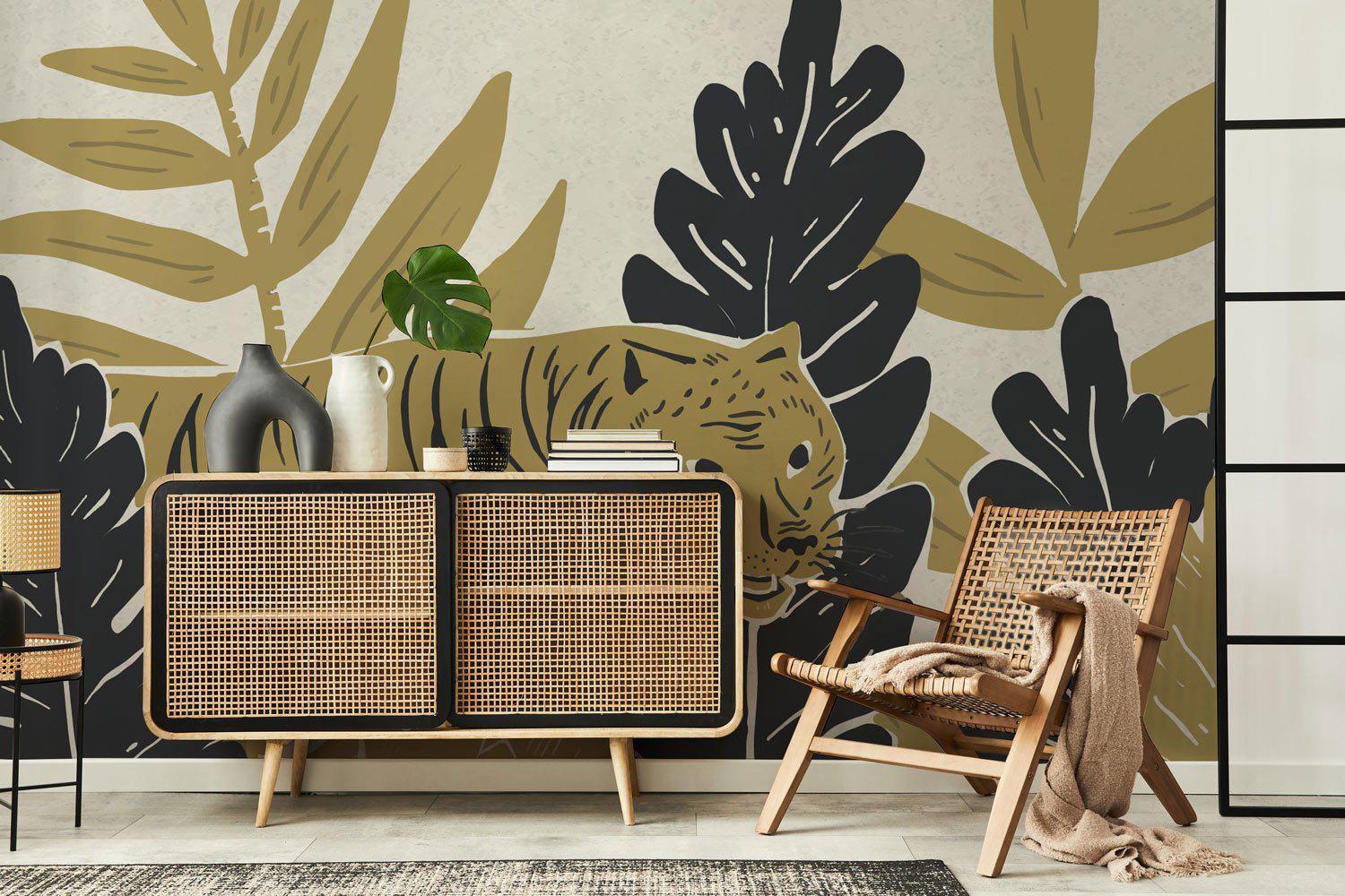 Vintage Jungle Tiger Cut Out Wall Mural-Wall Mural-Eazywallz