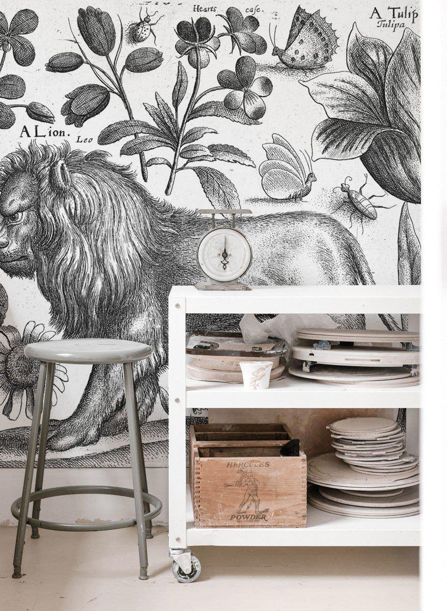 Vintage Lion & Tulip Illustrated Wall Mural-Wall Mural-Eazywallz