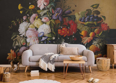 Vintage Still Floral Basket Wall Mural-Wall Mural-Eazywallz