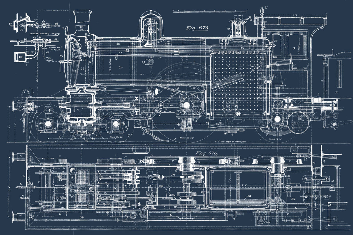 Vintage Train Blueprint Wall Mural | Removable Wall Mural | Eazywallz