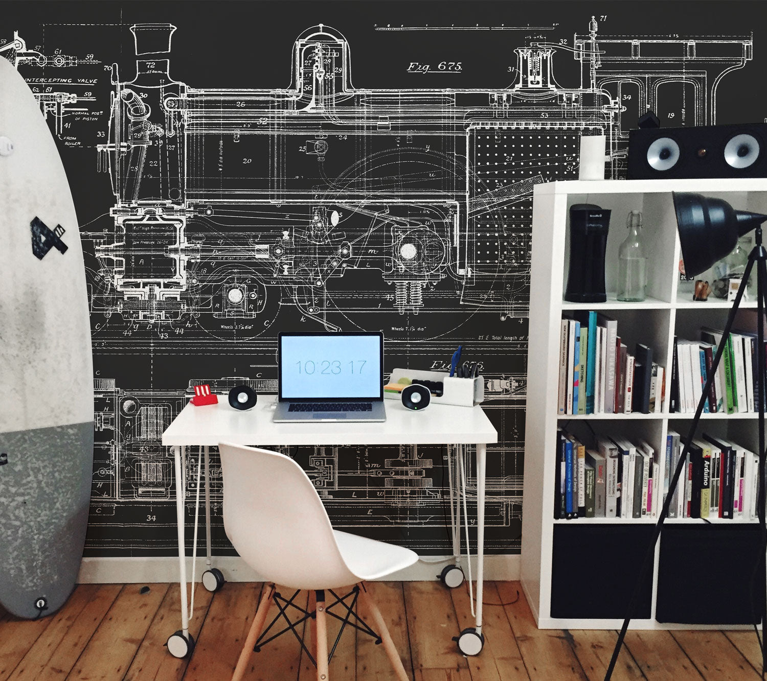 Charcoal Vintage Train Blueprint Wall Mural