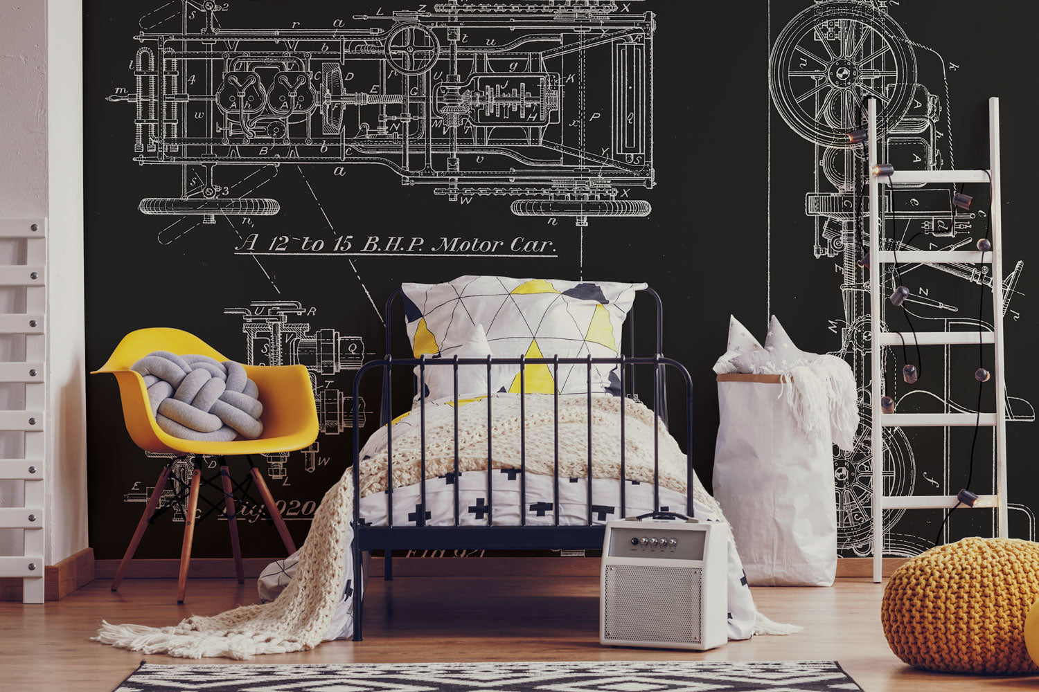 Charcoal Vintage Motor Car Blueprint Wall Mural