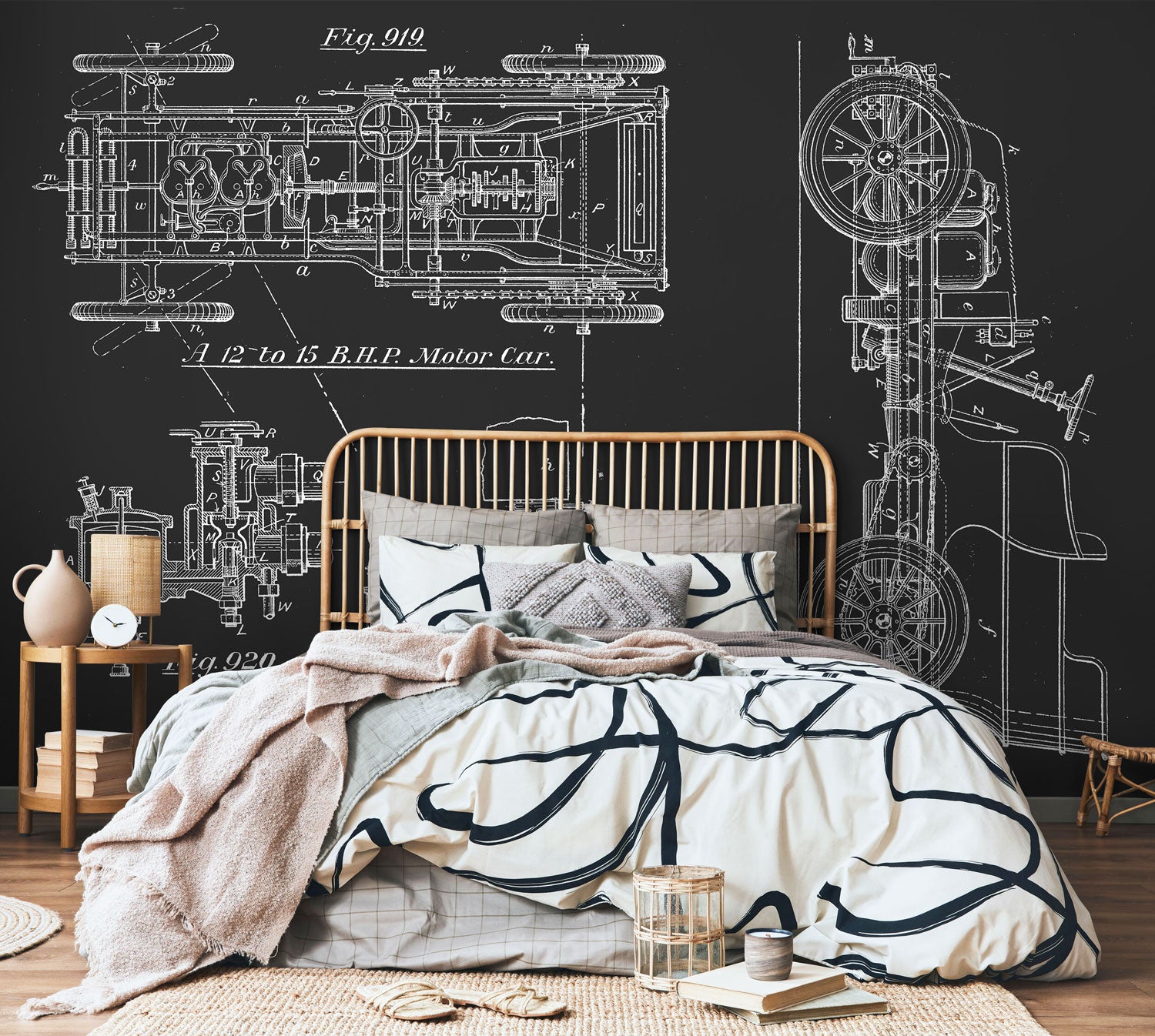 Charcoal Vintage Motor Car Blueprint Wall Mural