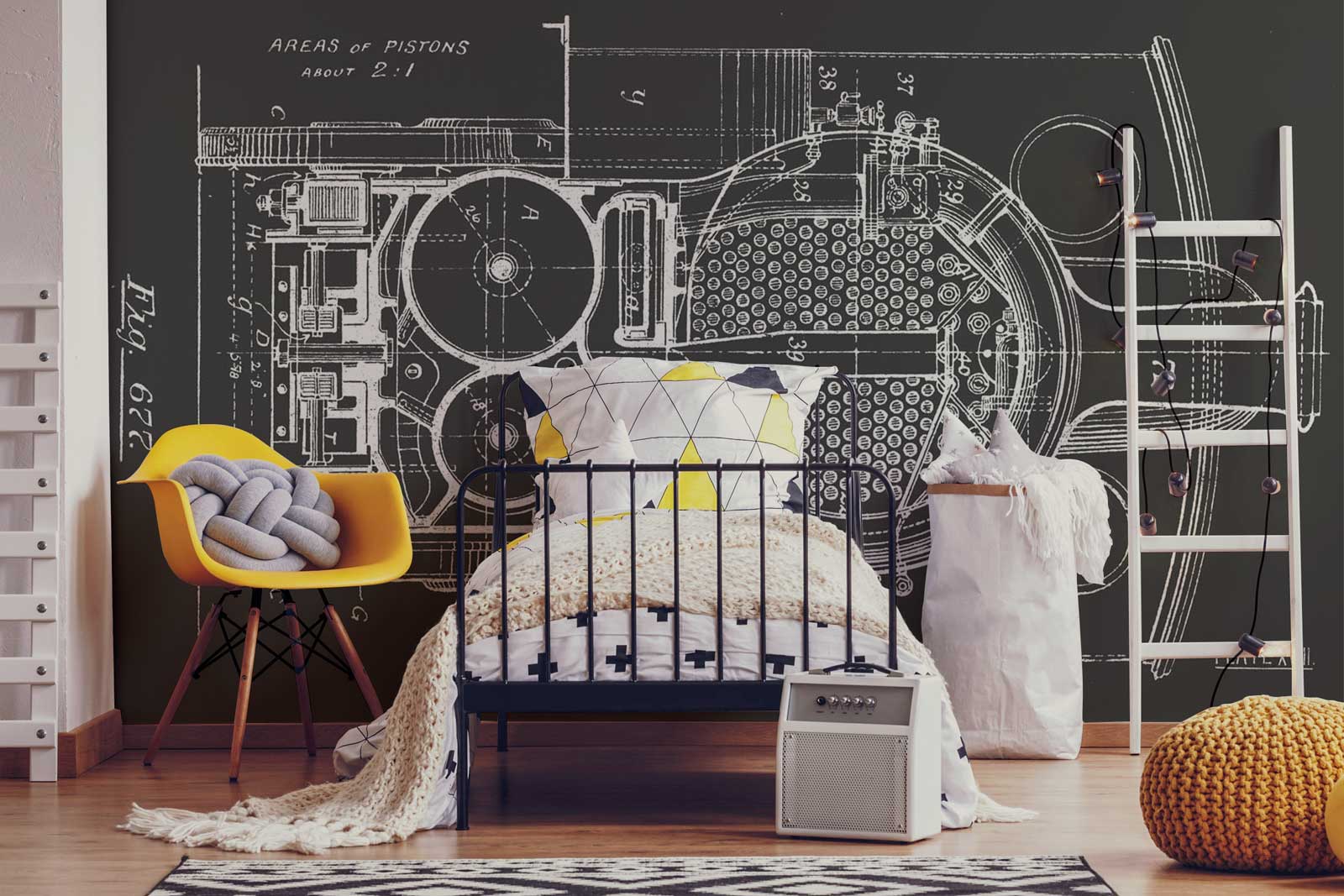 Charcoal Vintage Piston Blueprint Wall Mural