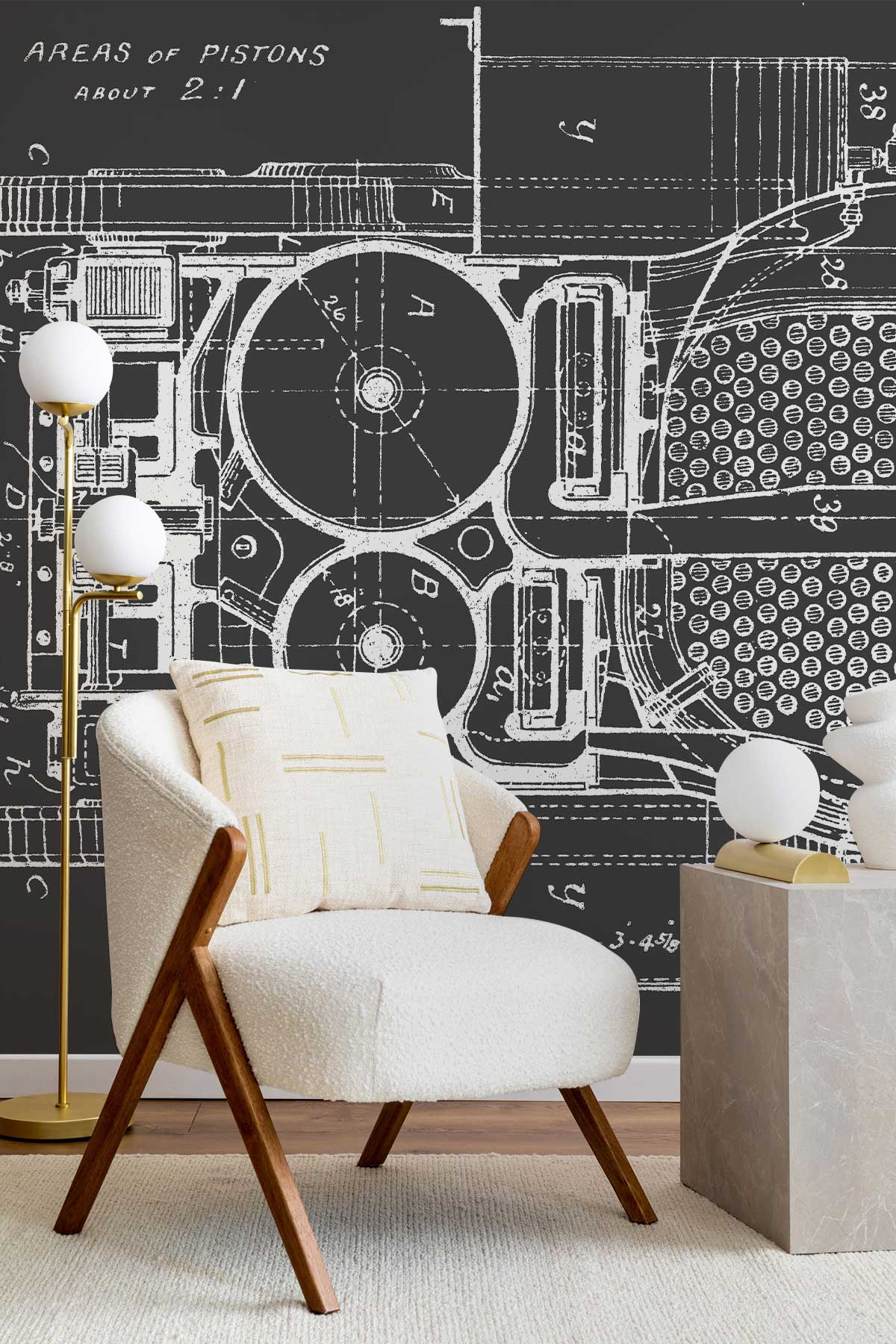 Charcoal Vintage Piston Blueprint Wall Mural