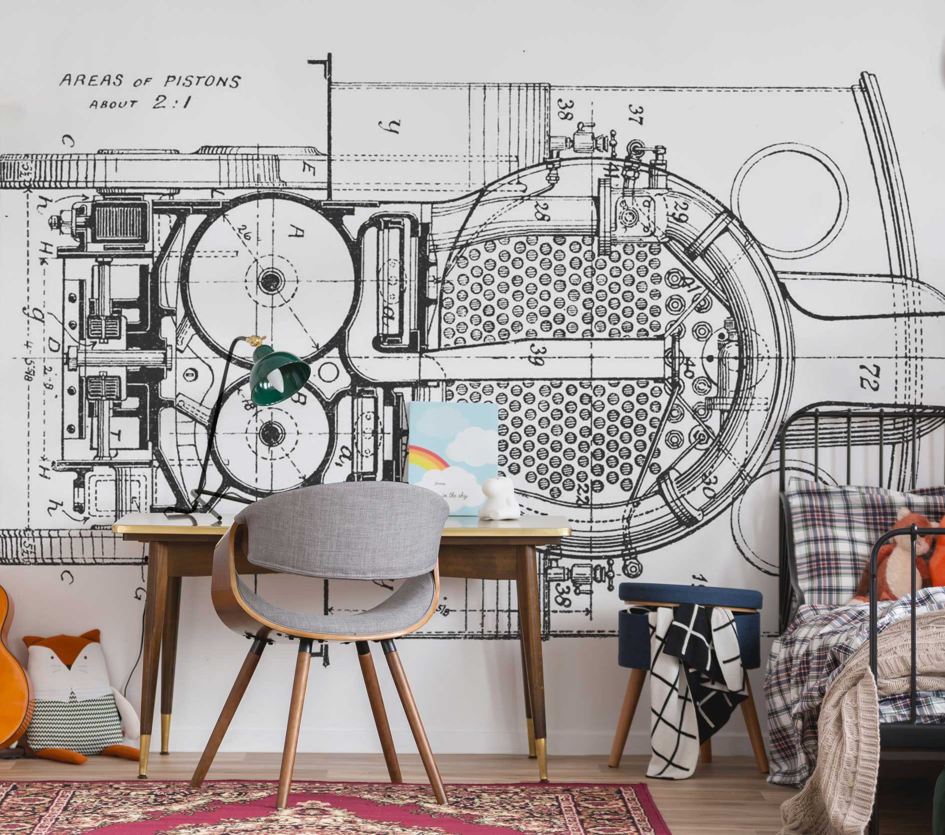 Black and White Vintage Piston Blueprint Wall Mural