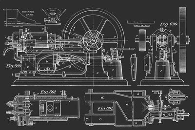 Charcoal Vintage Steam Engine Blueprint Wall Mural