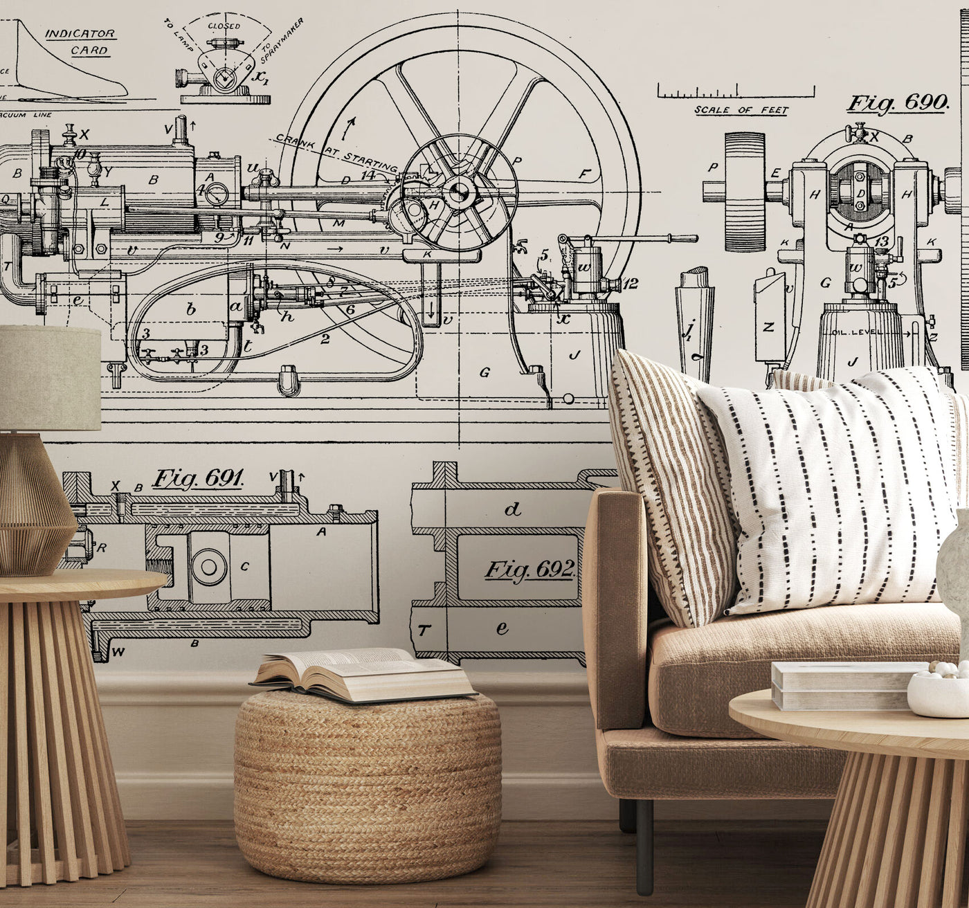 Black and White Vintage Steam Engine Blueprint Wall Mural