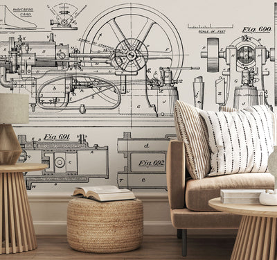 Black and White Vintage Steam Engine Blueprint Wall Mural