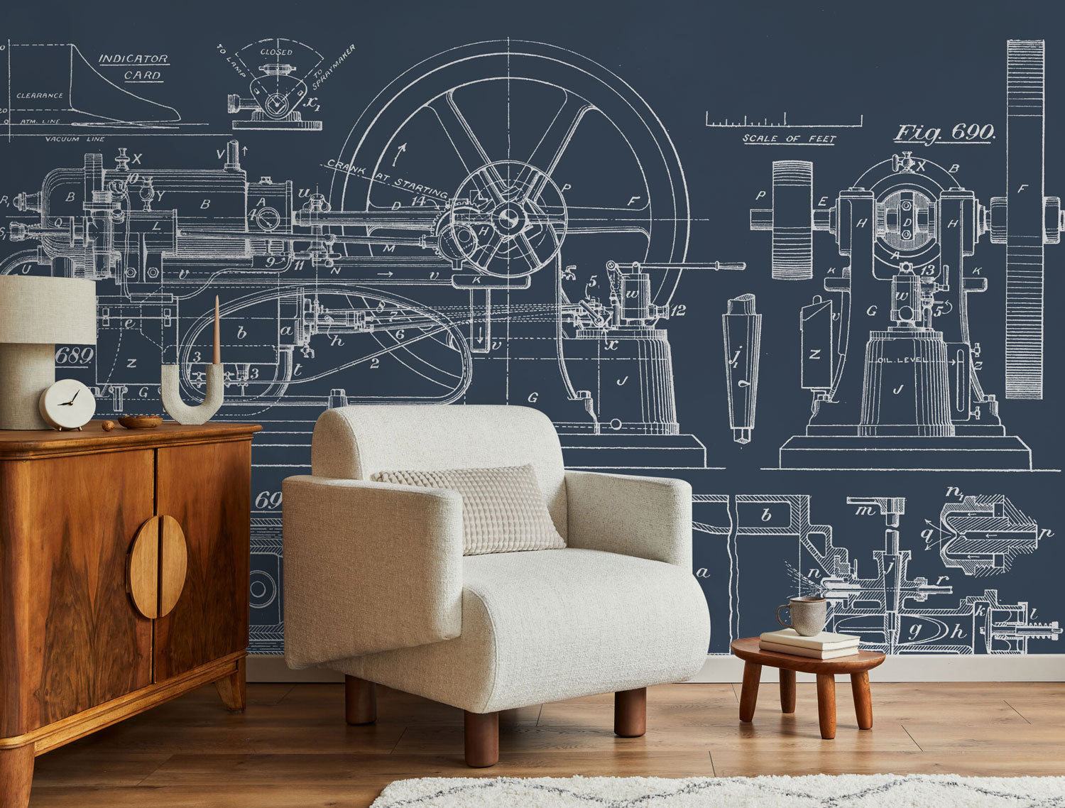 Vintage Steam Engine Blueprint Wall Mural