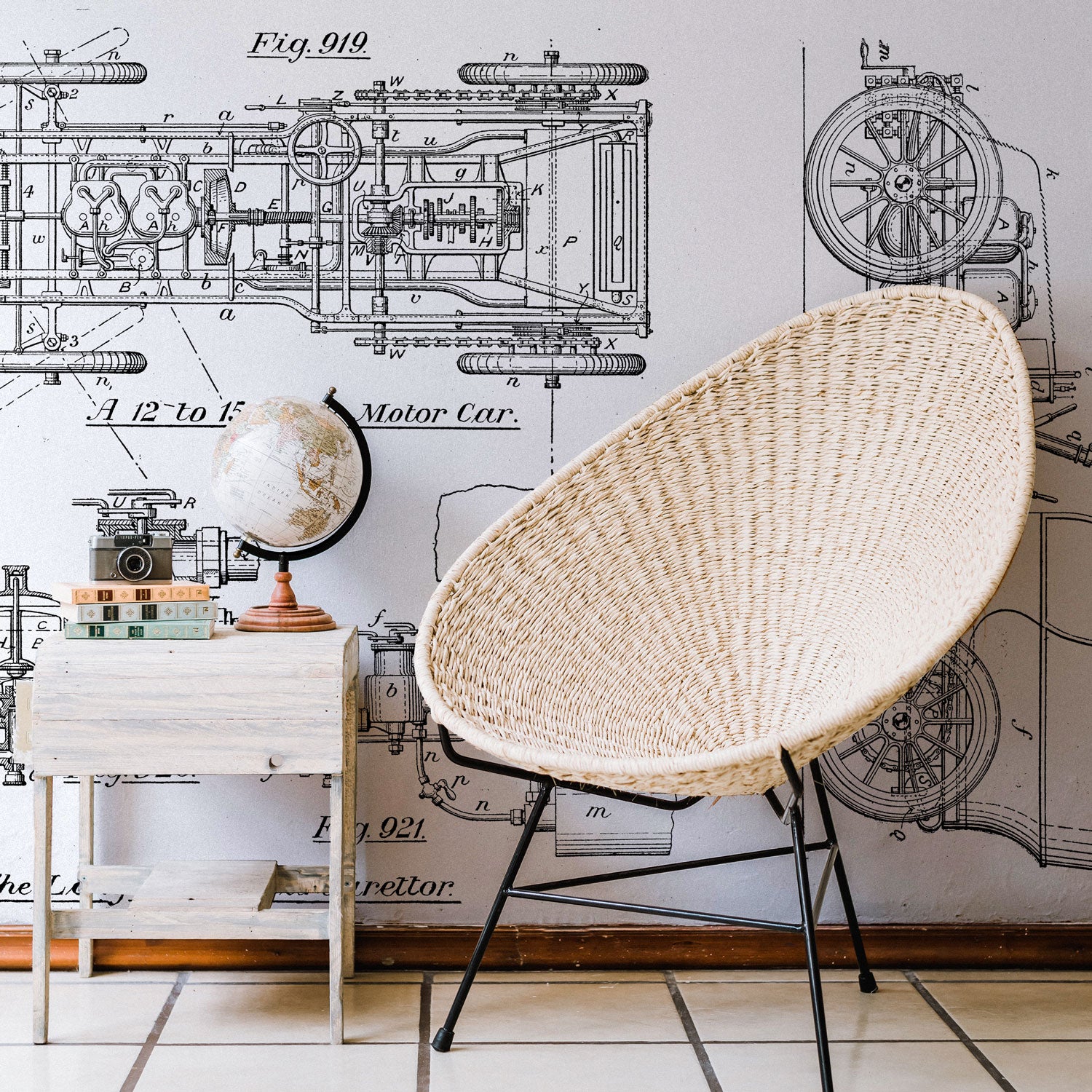 Black & White Vintage Motor Car Blueprint Wall Mural