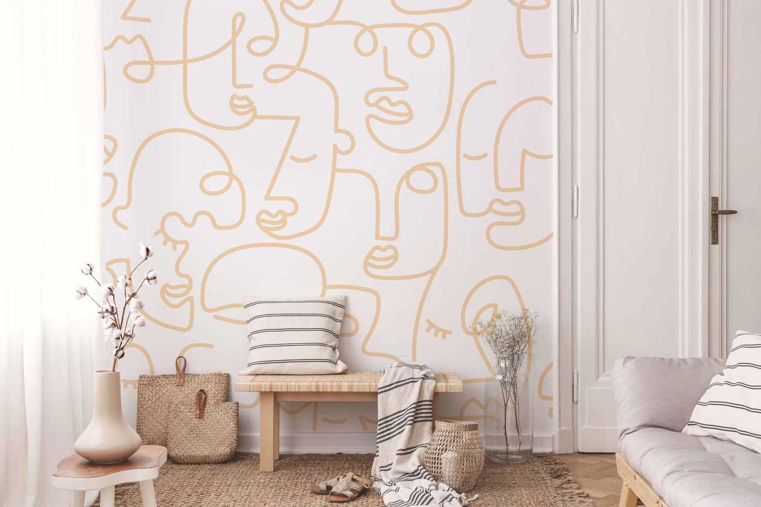 White Gold Abstract Line Faces Wall Mural-Wall Mural-Eazywallz