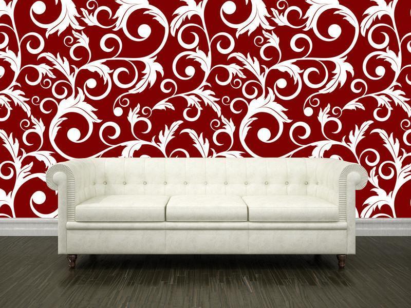 White abstract plants on a red background Wall Mural-Wall Mural-Eazywallz