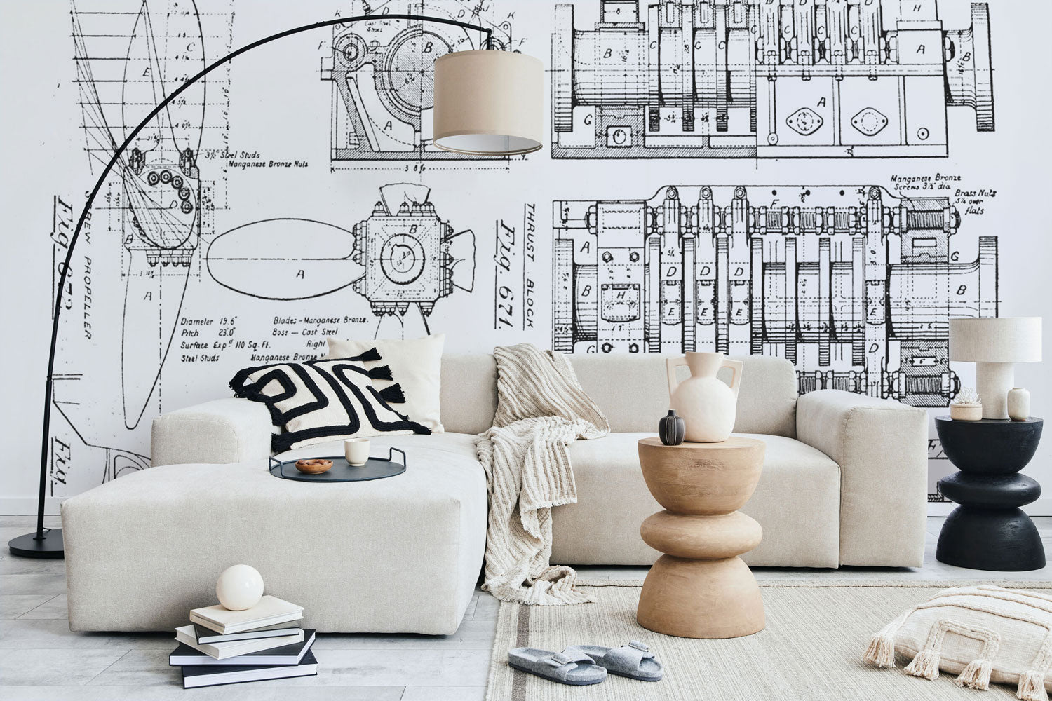 Black & White Vintage Boat Engine Blueprint Wall Mural