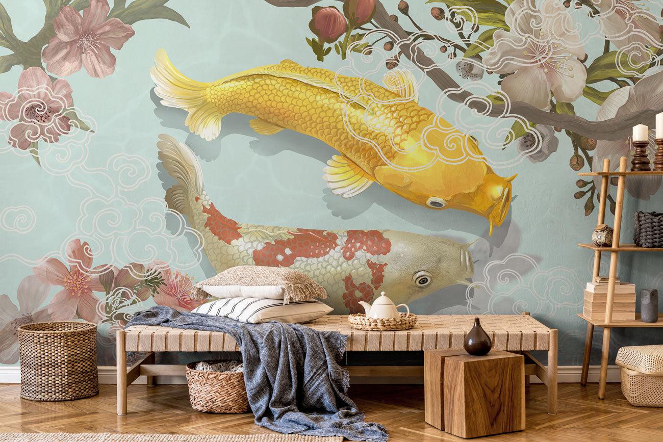 Yellow Japanese Koi Wall Mural-Wall Mural-Eazywallz