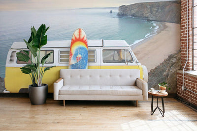 Yellow van with a surf board at the beach Wall Mural-Wall Mural-Eazywallz