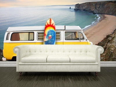 Yellow van with a surf board at the beach Wall Mural-Wall Mural-Eazywallz