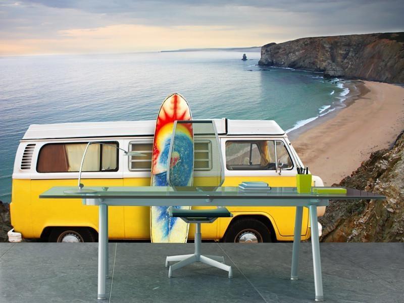 Yellow van with a surf board at the beach Wall Mural-Wall Mural-Eazywallz